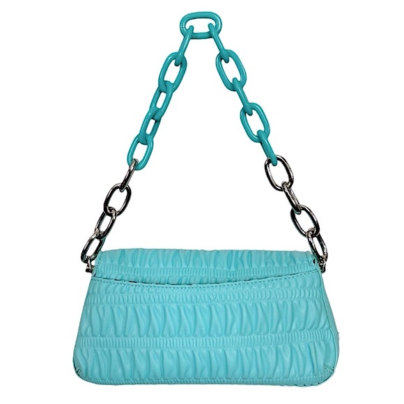 NWOT HOW WE FASHION 2.0 House of Want Baby Blue Shirring Chain Shoulder Baguette - Picture 9 of 13